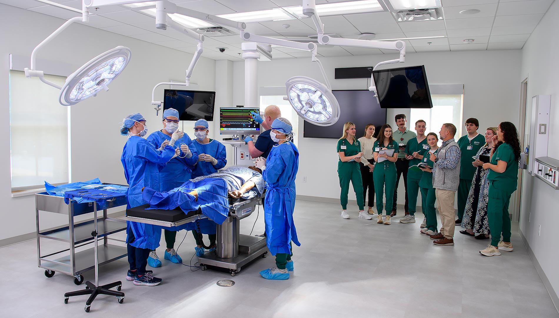 Students in a mock operating room at Morgan-Bailey Hall.