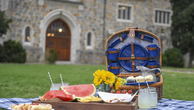 a small picnic set on a blanket