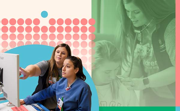 Danielle Cain working with a fellow nurse with a transparent image of her working with a patient in the background.