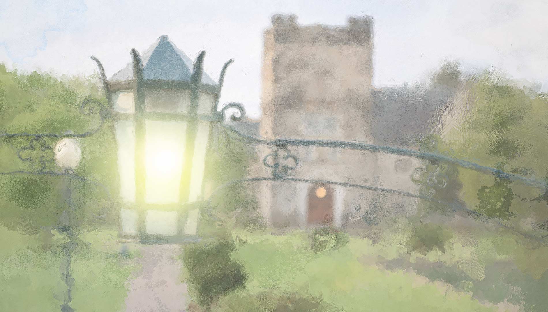 Lamp shining with Ford buildings in background with watercolor paint effect