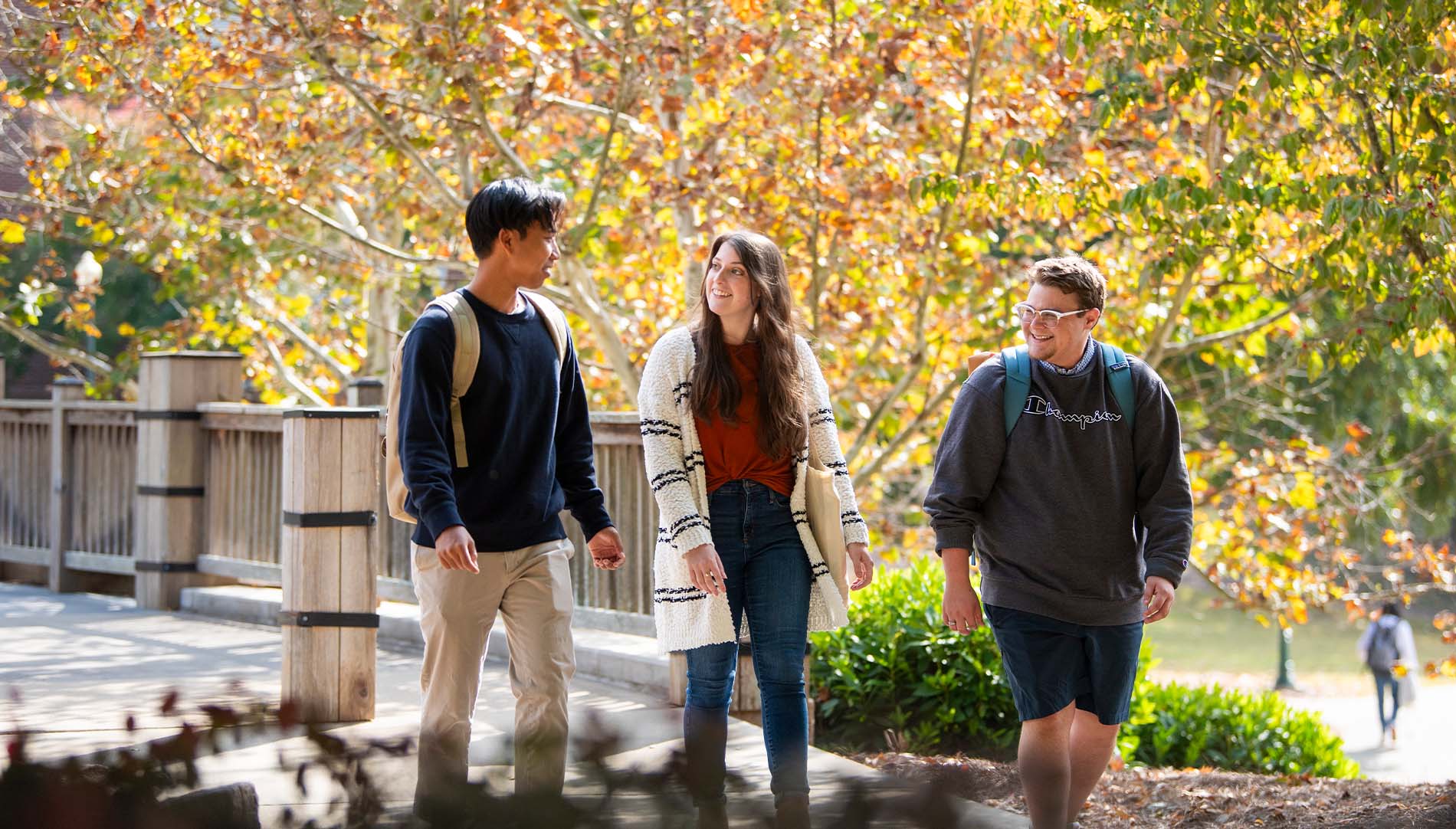 three students walking on campus during the fall