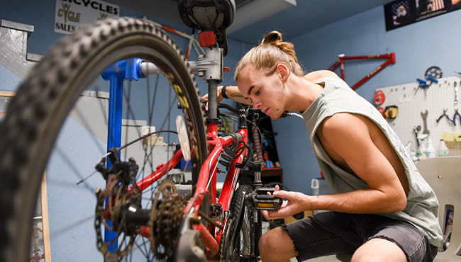 Working in the bike shop