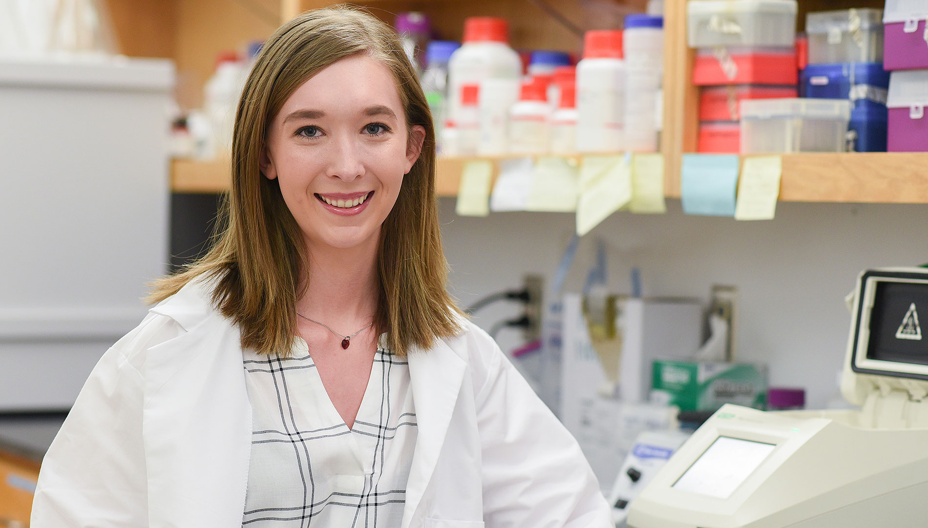 Senior Biology Major Madison Barshick works in the lab conducting microbiology research.