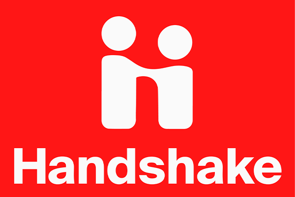 Handshake logo, two people shaking hands with white text on the bottom that says handshake